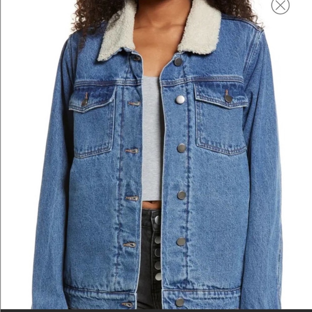 NWT XL BP. Denim Oversize Trucker Jacket with Faux Shearling Collar